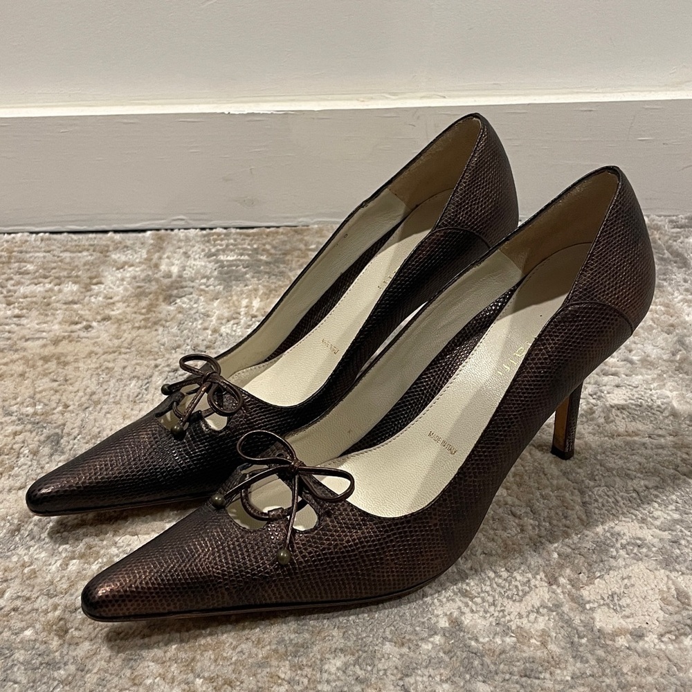 Amalfi Heels Bronze Made In Italy Leather Shoes Bow Detail Size 9B